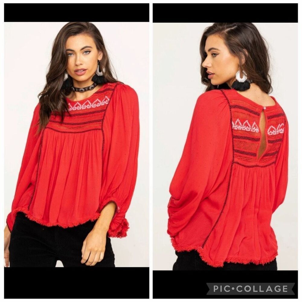 Free People Cyprus Avenue boho embroidered ballon sleeve peasant tunic top